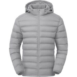Men’s Light Gray 100% Nylon Hooded Zip-Up Lightweight Warm Winter Puffer Jacket